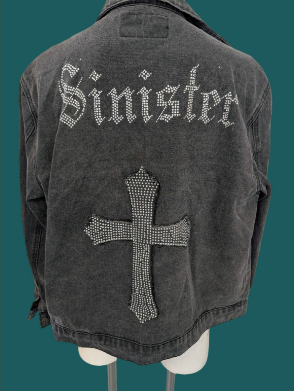 Denim Jacket 'Sinister' Cross Written In Rhinestones  Black Denim Jacket  Sz L